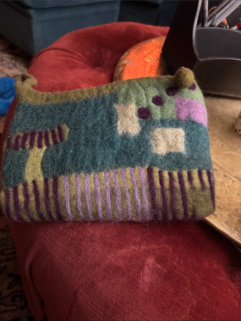 Rising Tide Felted Wool Zipper Pouch in Teal, Olive & Purple
